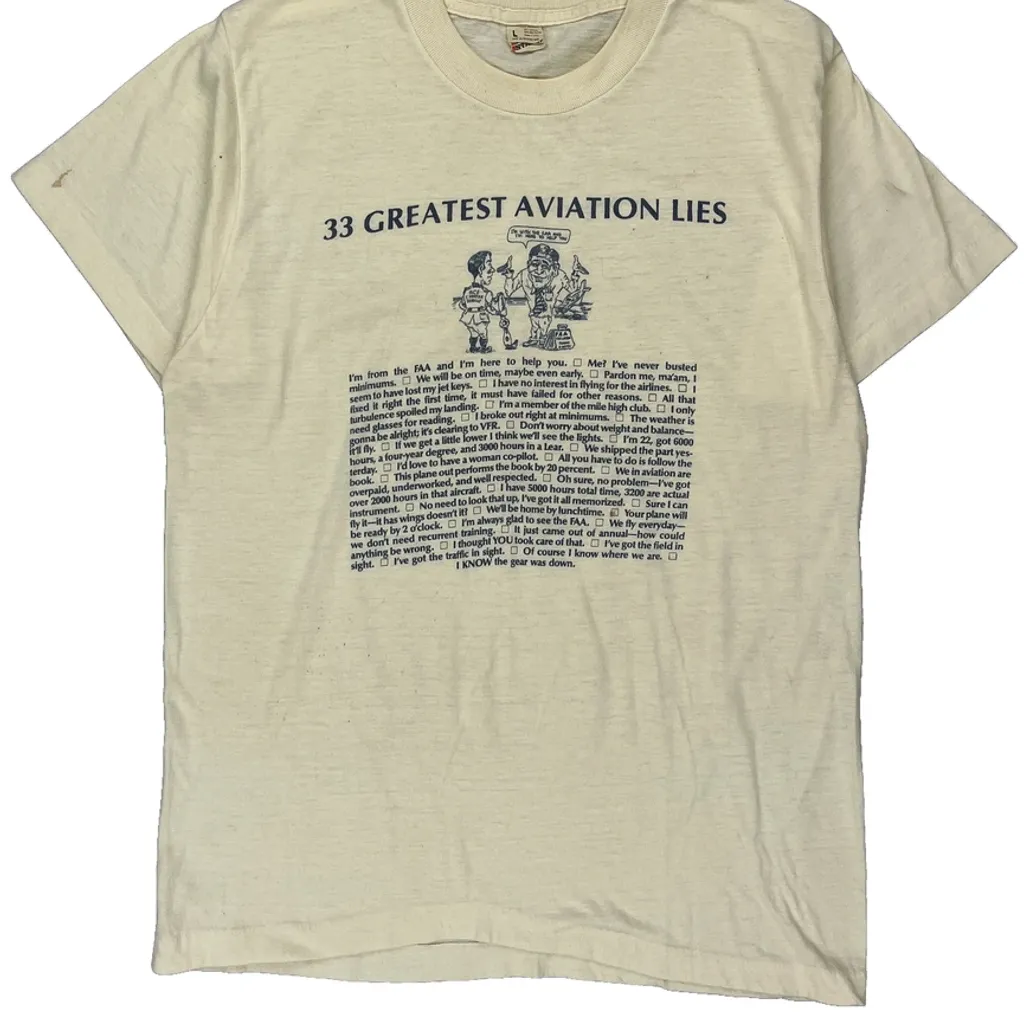 33 Greatest Aviation Lies Anvil T-Shirt - Large Cream Cotton Blend - Image 4