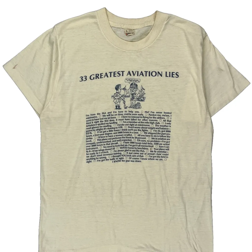 33 Greatest Aviation Lies Anvil T-Shirt - Large Cream Cotton Blend - Image 5